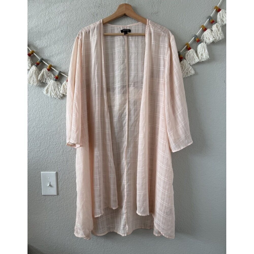 Torrid Pink Windowpane Plaid Open Front Kimono Duster Coverup Sheer Beach 3x